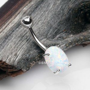 14 Karat White Gold Prong Set Fire Opal Sparkle Belly Button Ring